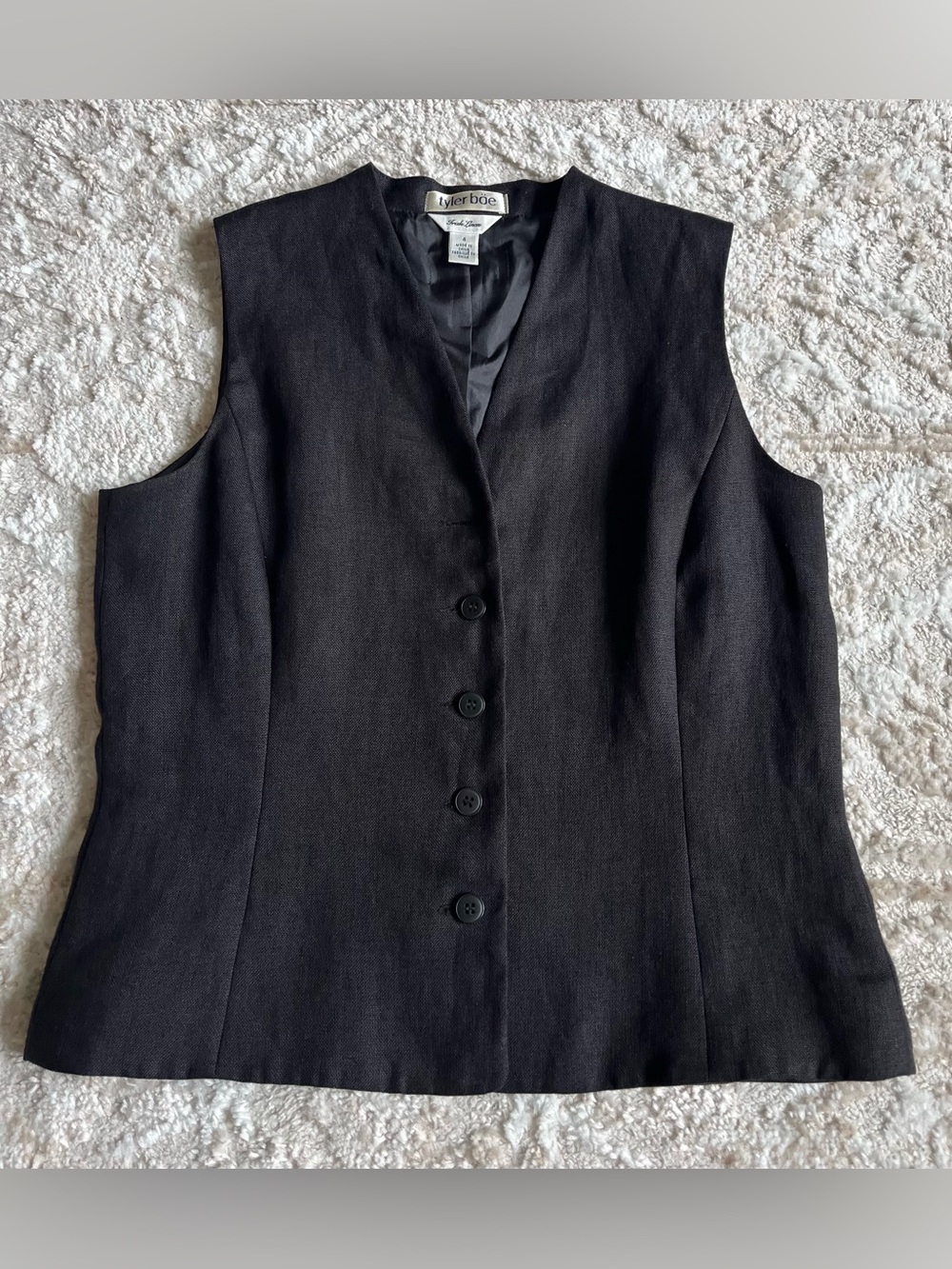 Tyler Böe Black Tailored V-Neck Irish Linen Vest Chic 90s Office Minimalist